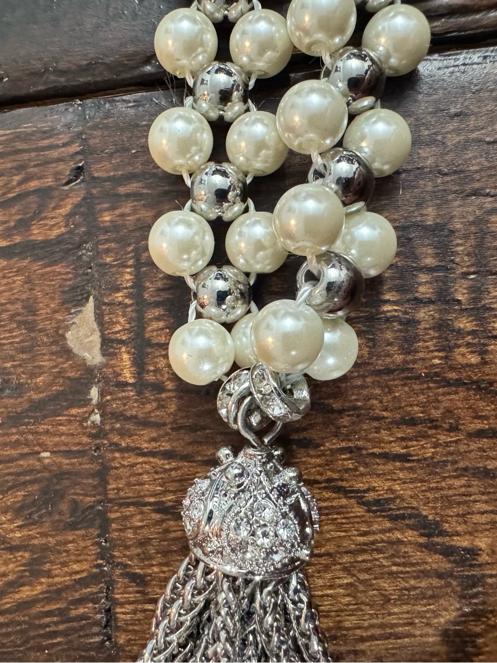 White House Black Market Elegant Silver Pearl-Accent Tassel Necklace